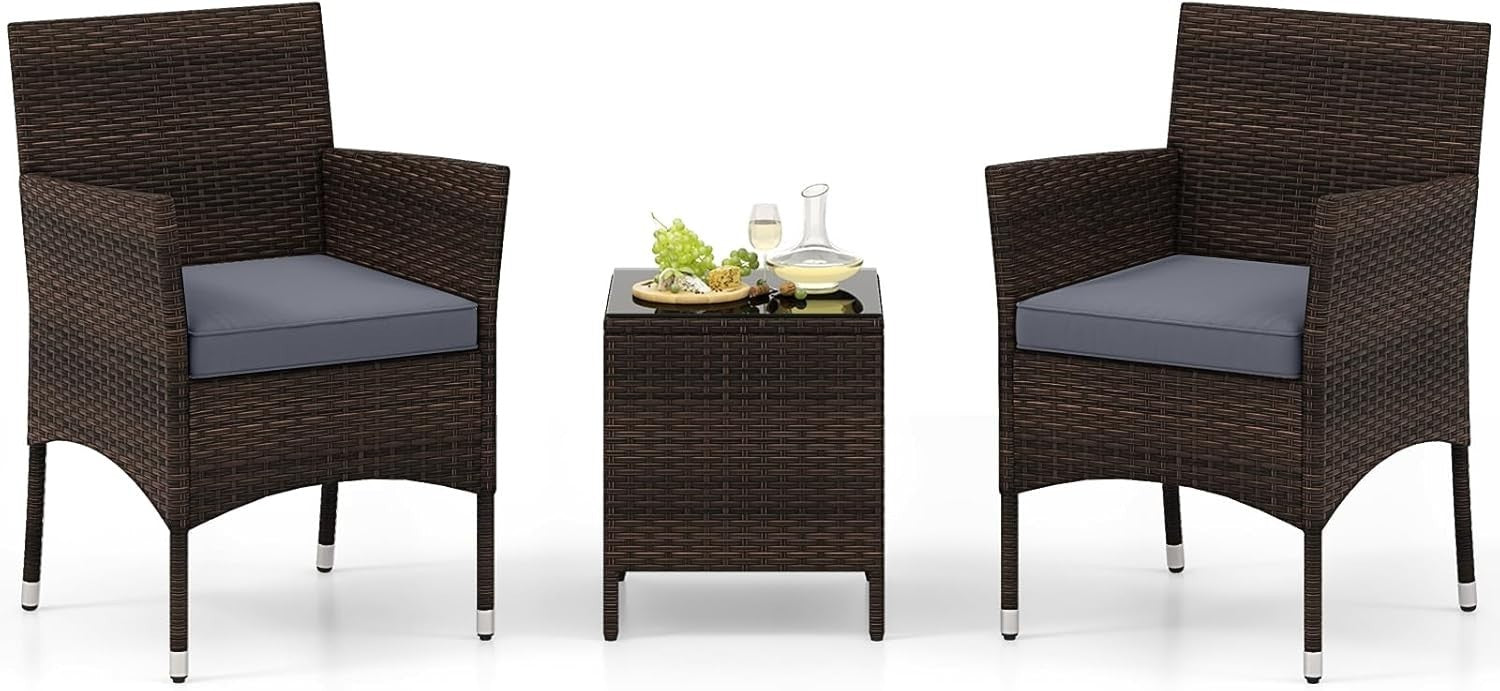 3PC Rattan Bistro Set Outdoor Patio Chairs Table Cushioned Balcony Set