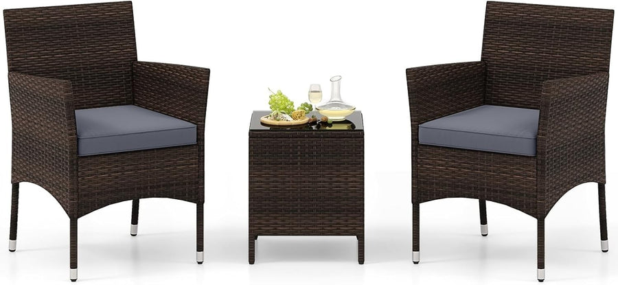3PC Rattan Bistro Set Outdoor Patio Chairs Table Cushioned Balcony Set