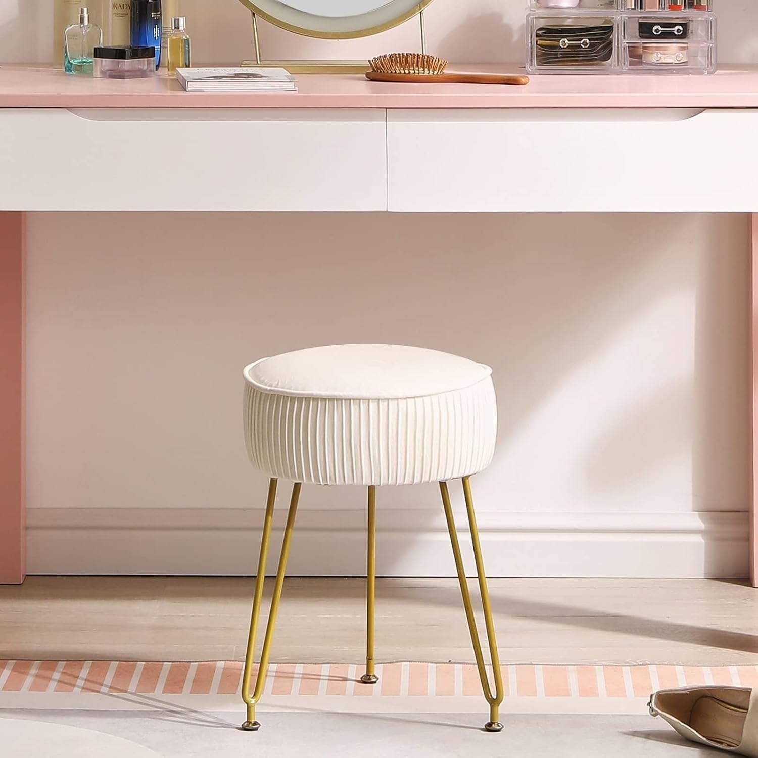 Cream Velvet Round Footrest Ottoman – Vanity Stool with Golden Steel Legs