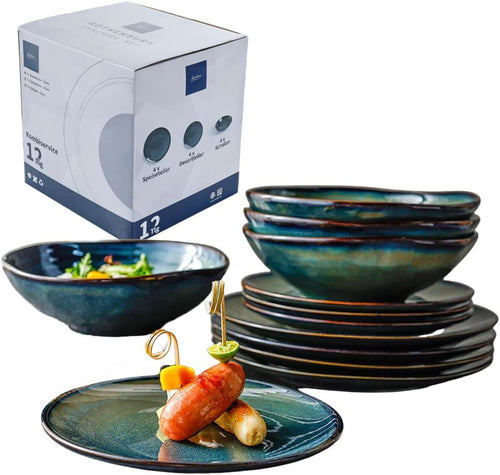 Mediterranean Ceramic Dinnerware Set 12 Piece Blue Green Gold Plates Bowls