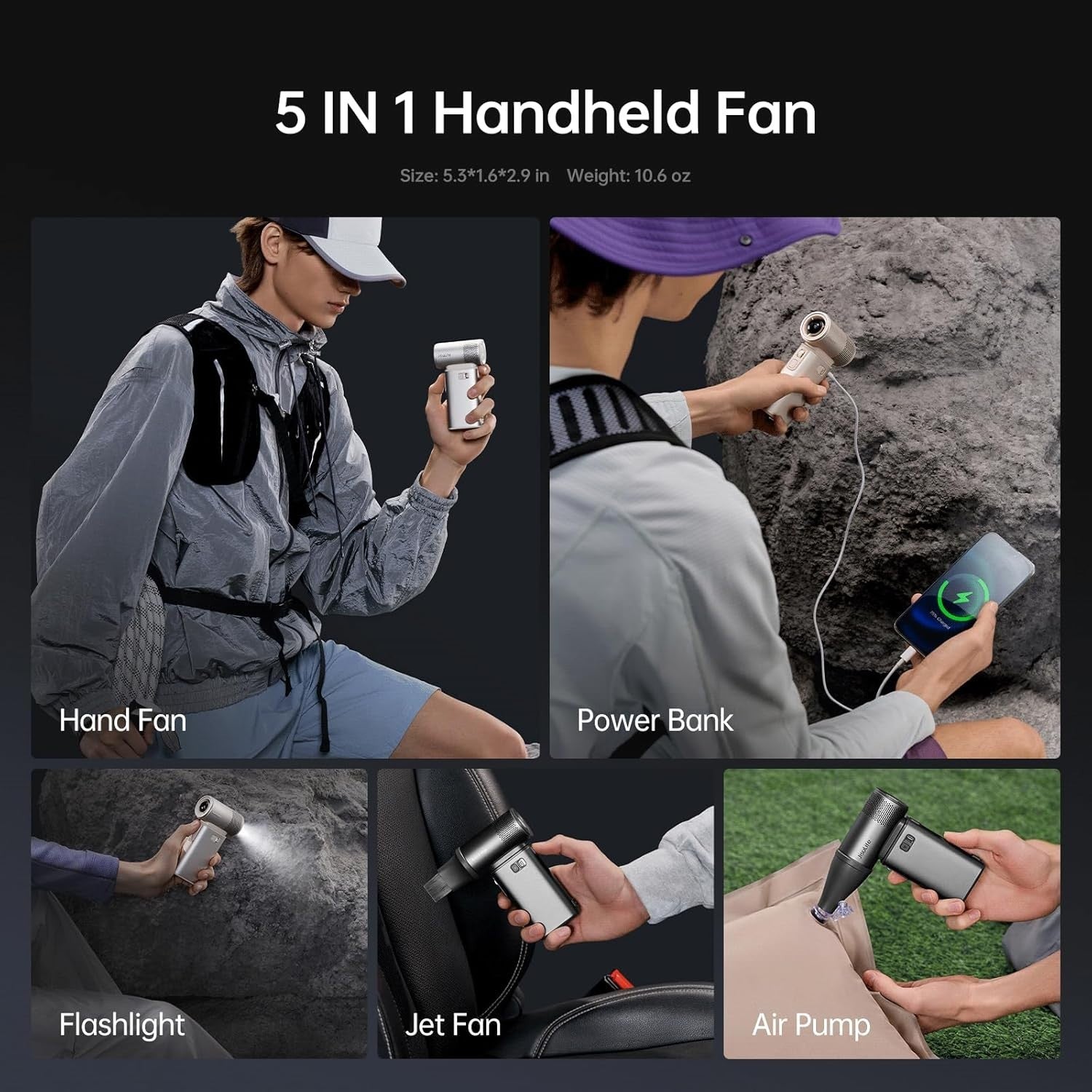 Handheld Rechargeable Turbo Fan 100-Speed 9000mAh Powerbank Compact Cooling Grey