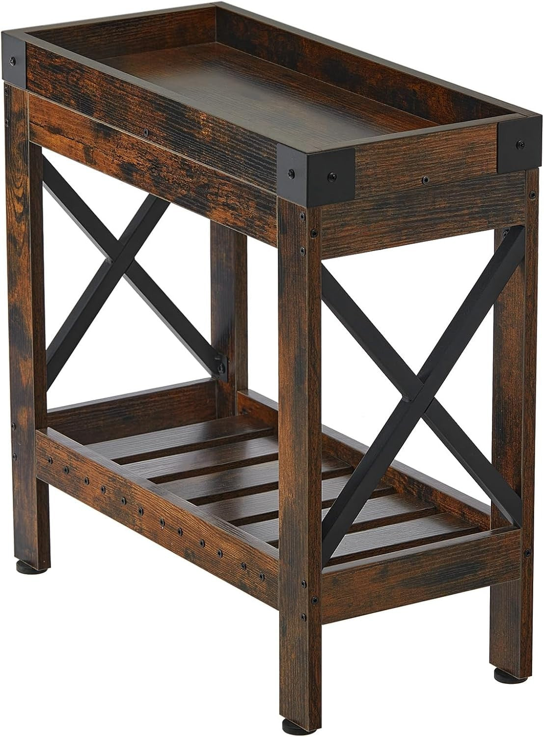 Narrow Rustic Brown Side Table with Storage Shelf – Compact End Table