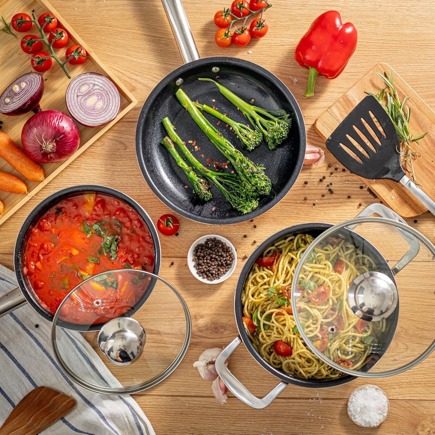 5pcs Copper Non Stick Cookware Set with Lids – Induction & Oven Safe Pots