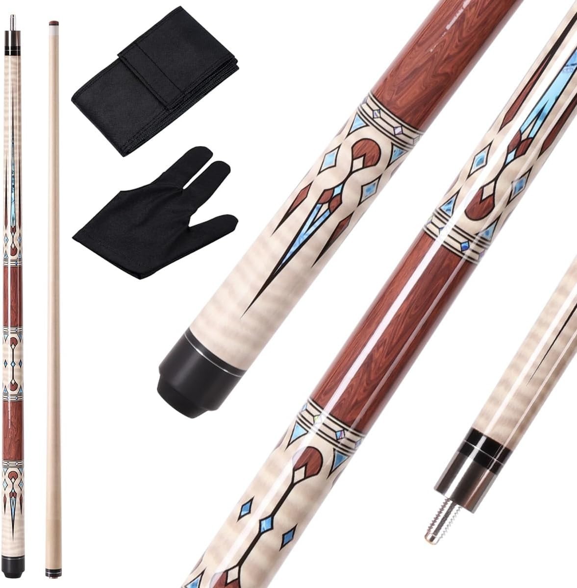 2 Piece Maple Pool Cue 58in 13mm Leather Tip 19–20oz Gift Set