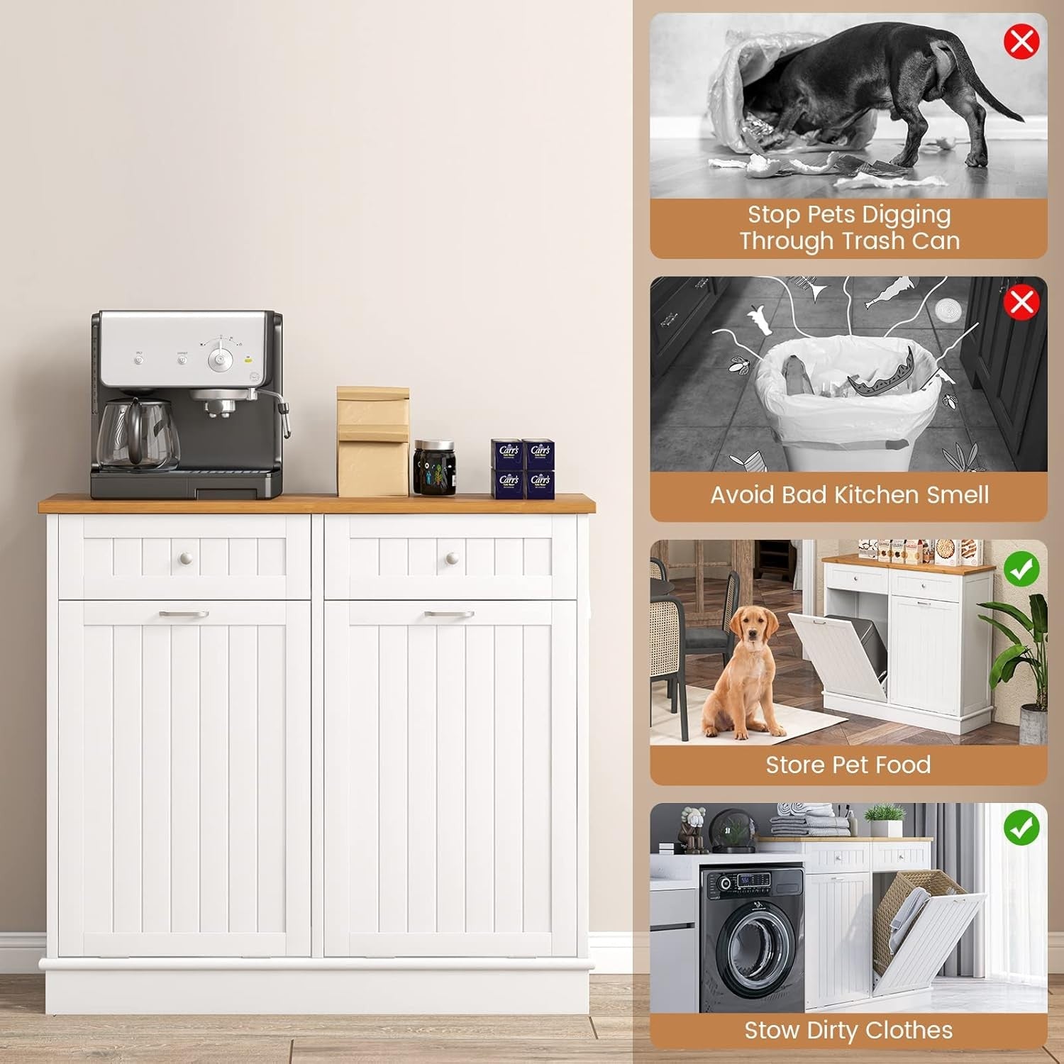 2-Door Tilt Out Laundry Hamper Cabinet with Drawers & Bamboo Top | Freestanding