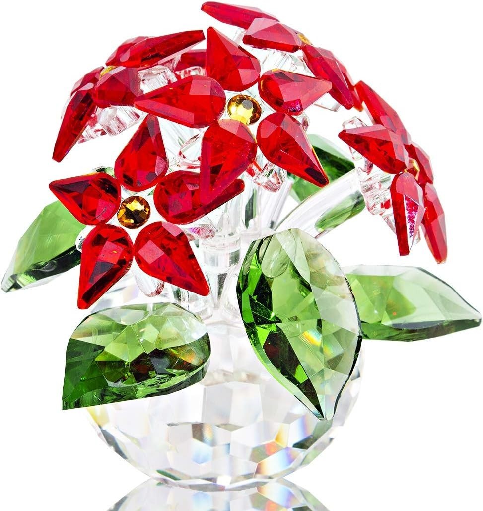 Crystal Poinsettia Flower Ornament • Red Glass Figurine • Luxury Table Décor