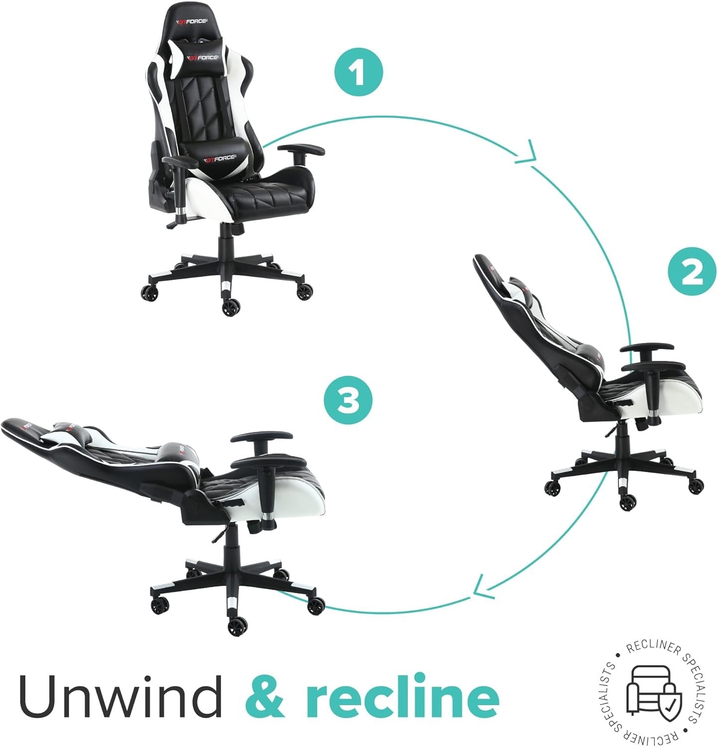 Recliner Office Gaming Chair Faux Leather Swivel High Back White
