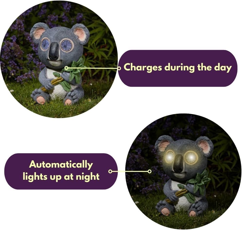 Large Solar Koala Garden Ornament • LED Blinking Eyes • Outdoor Patio Decor