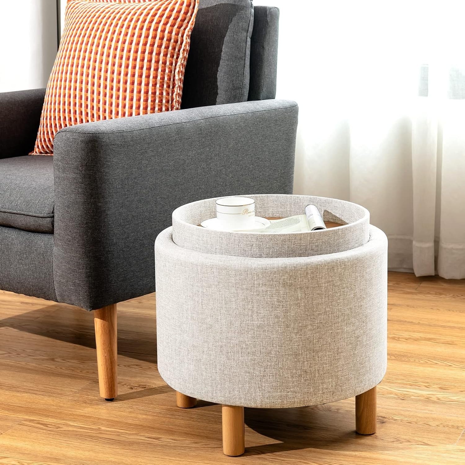 Beige Linen Round Storage Ottoman Stool 4-in-1 Footrest Tray Top Seat