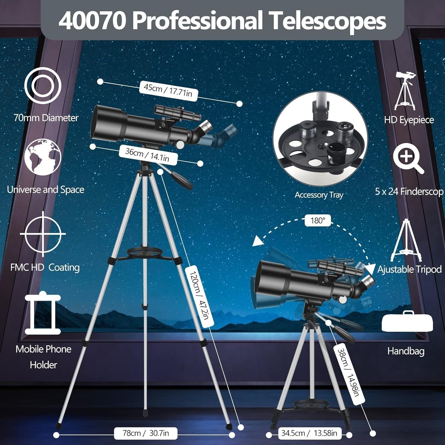70mm Refractor Telescope 400mm Travel Scope with Tripod Phone Adapter Black