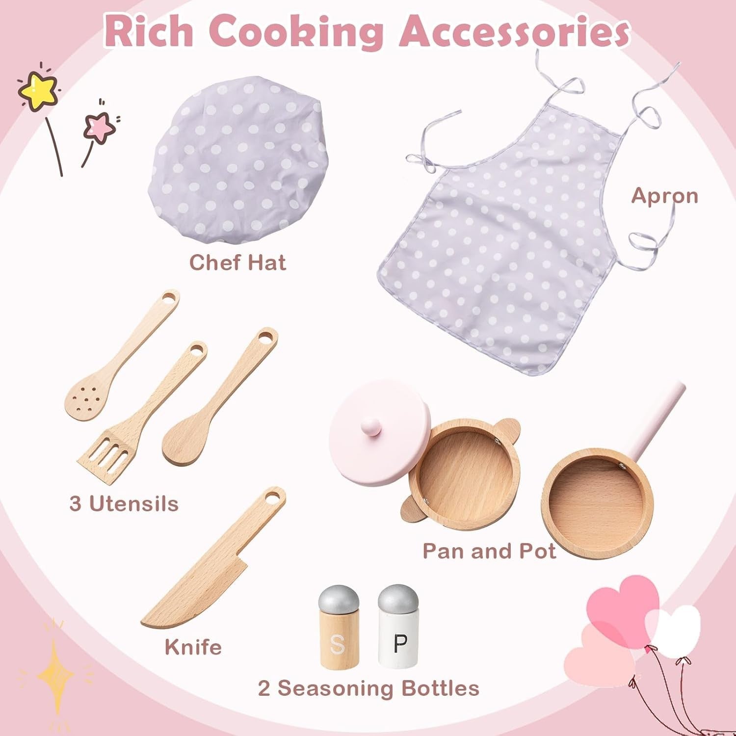Wooden Kids Play Kitchen Pink w/ Lights Sounds Oven Accessories