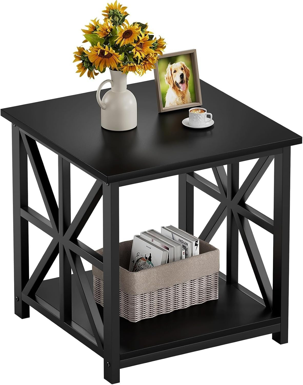 Black 2-Tier Square Side Table 50x50x50 cm | Farmhouse End Table w/ Storage