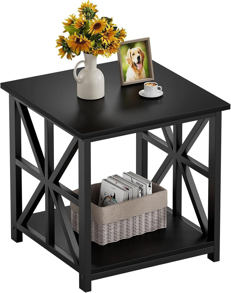Black 2-Tier Square Side Table 50x50x50 cm | Farmhouse End Table w/ Storage
