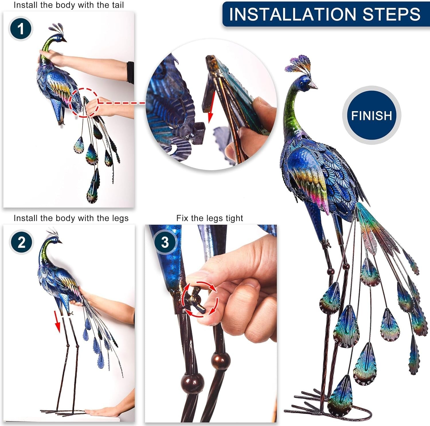 24" Metal Peacock Garden Statue – Outdoor Yard Lawn Ornament Bird Art Sculpture