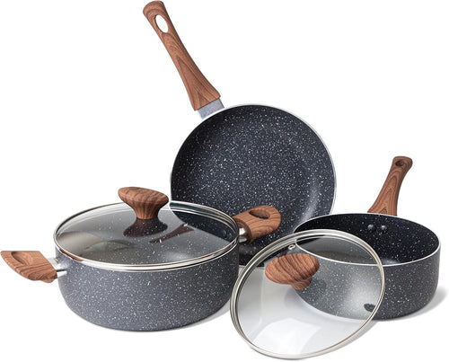 5pcs Marble Non Stick Cookware Set with Lids – Induction & Gas Compatible Pots