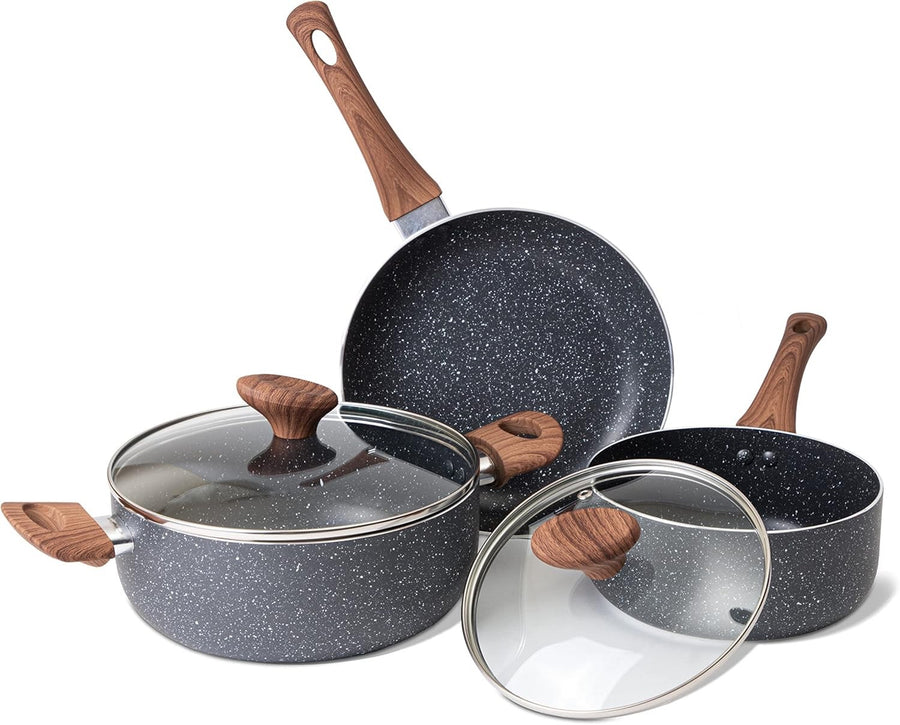 5pcs Marble Non Stick Cookware Set with Lids – Induction & Gas Compatible Pots