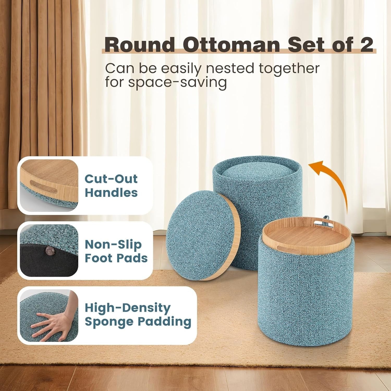 Blue Nesting Round Footstools Set of 2 Storage Ottomans with Tray Tops