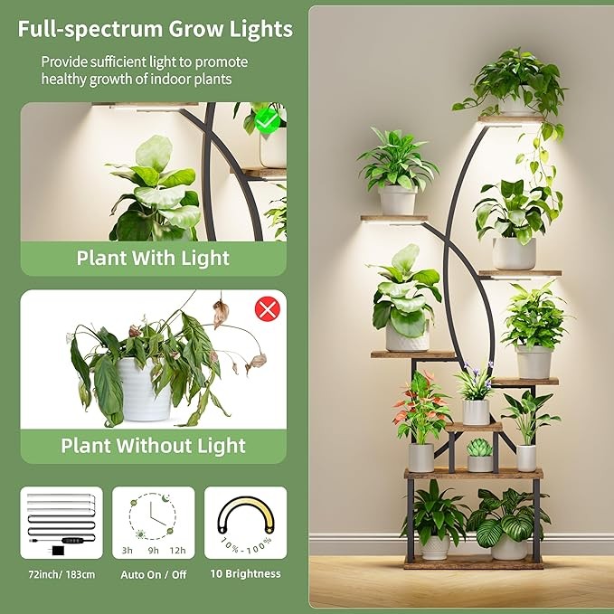 8 Tier Tall Metal Plant Stand with Grow Lights, Indoor Corner Shelf for Living