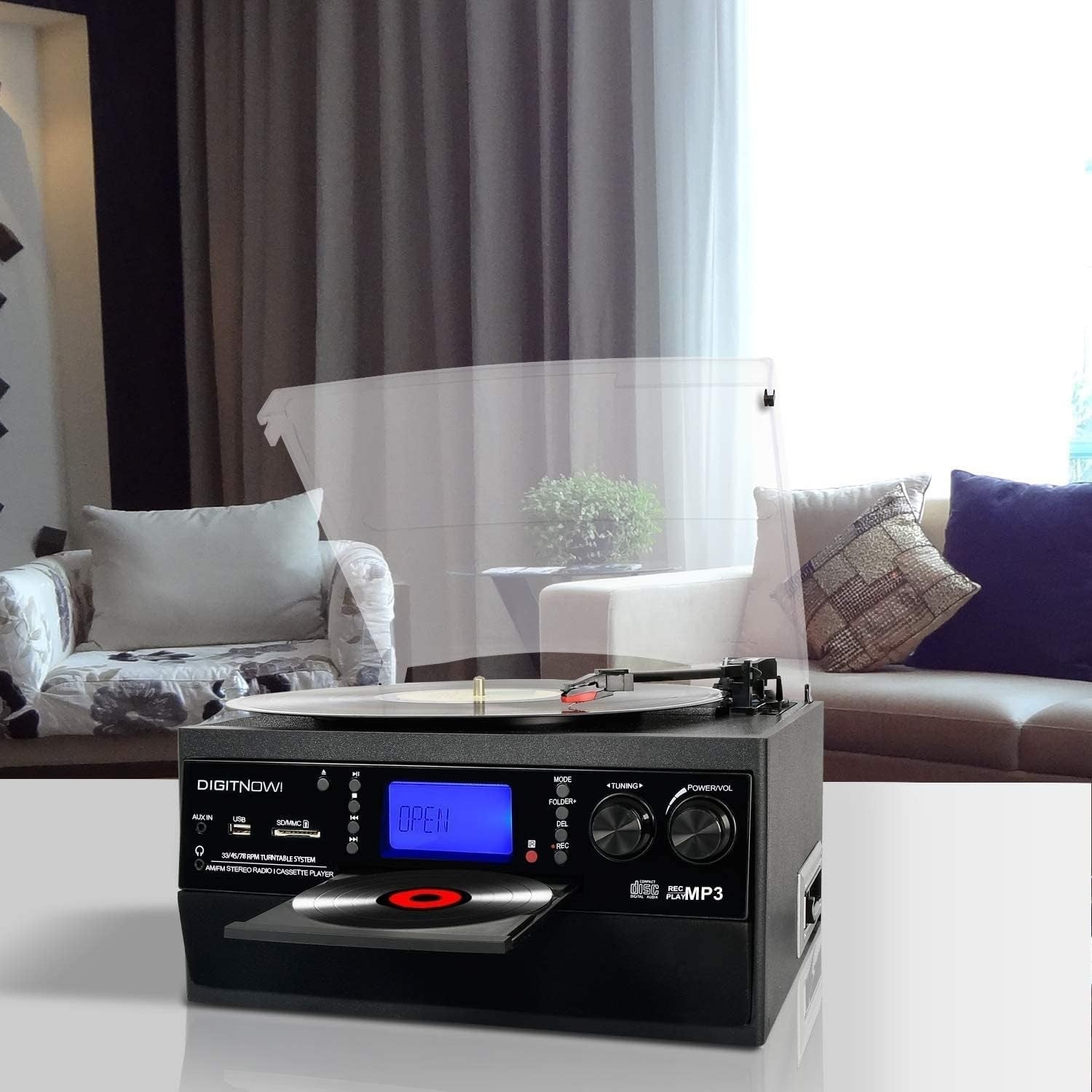 Bluetooth Record Player Turntable CD Cassette AM FM USB SD Encoding