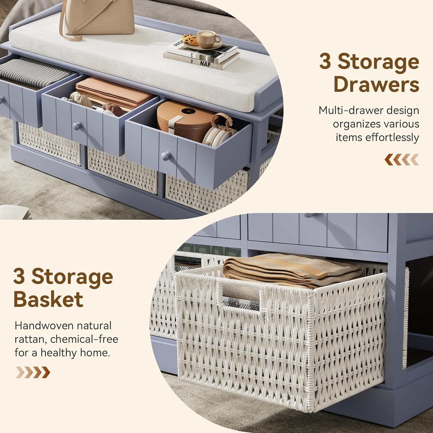 Blue-Grey Hallway Storage Bench with 3 Drawers & Wicker Baskets 100x30x50cm