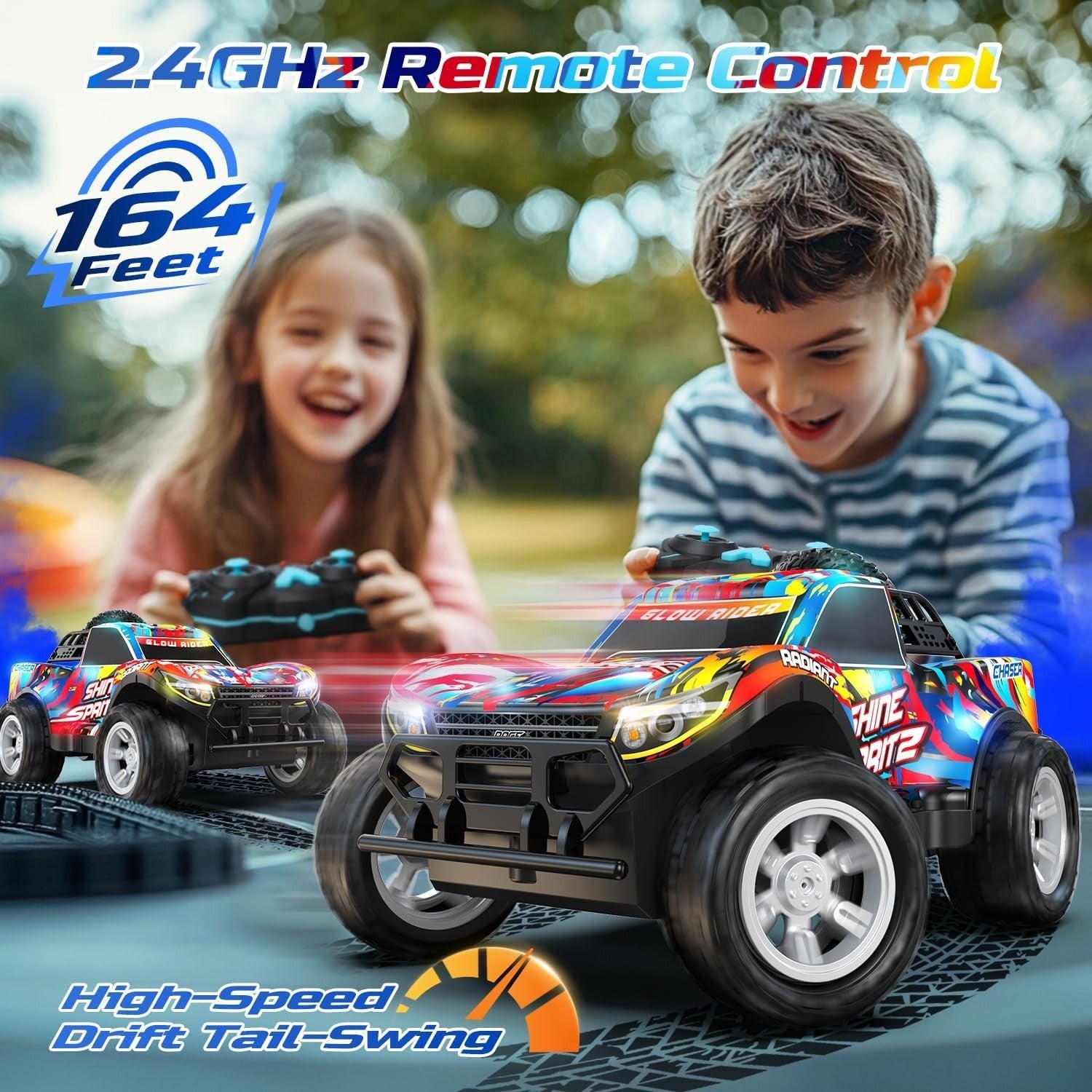 Spray RC Car for Kids 4-8 – LED Lights, Music, Drift & 2 Batteries Included