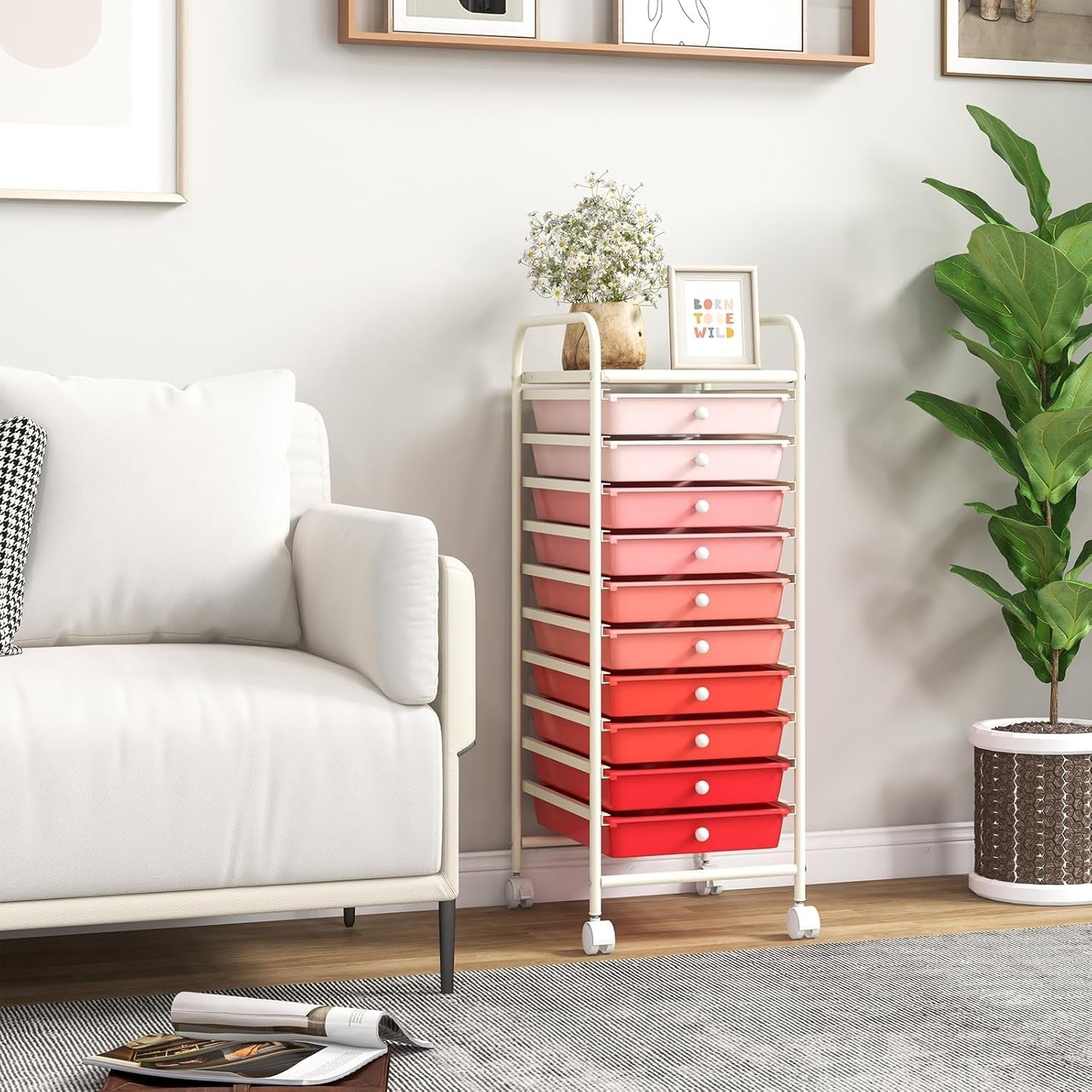 Gradient Pink 10 Drawer Rolling Storage Trolley Craft Beauty Organizer