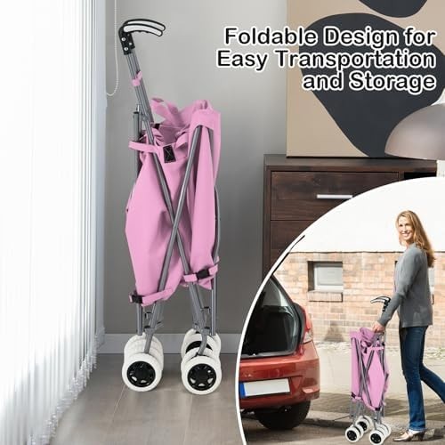 90L Folding Shopping Trolley 8 Wheels Large Push Cart Waterproof Pink