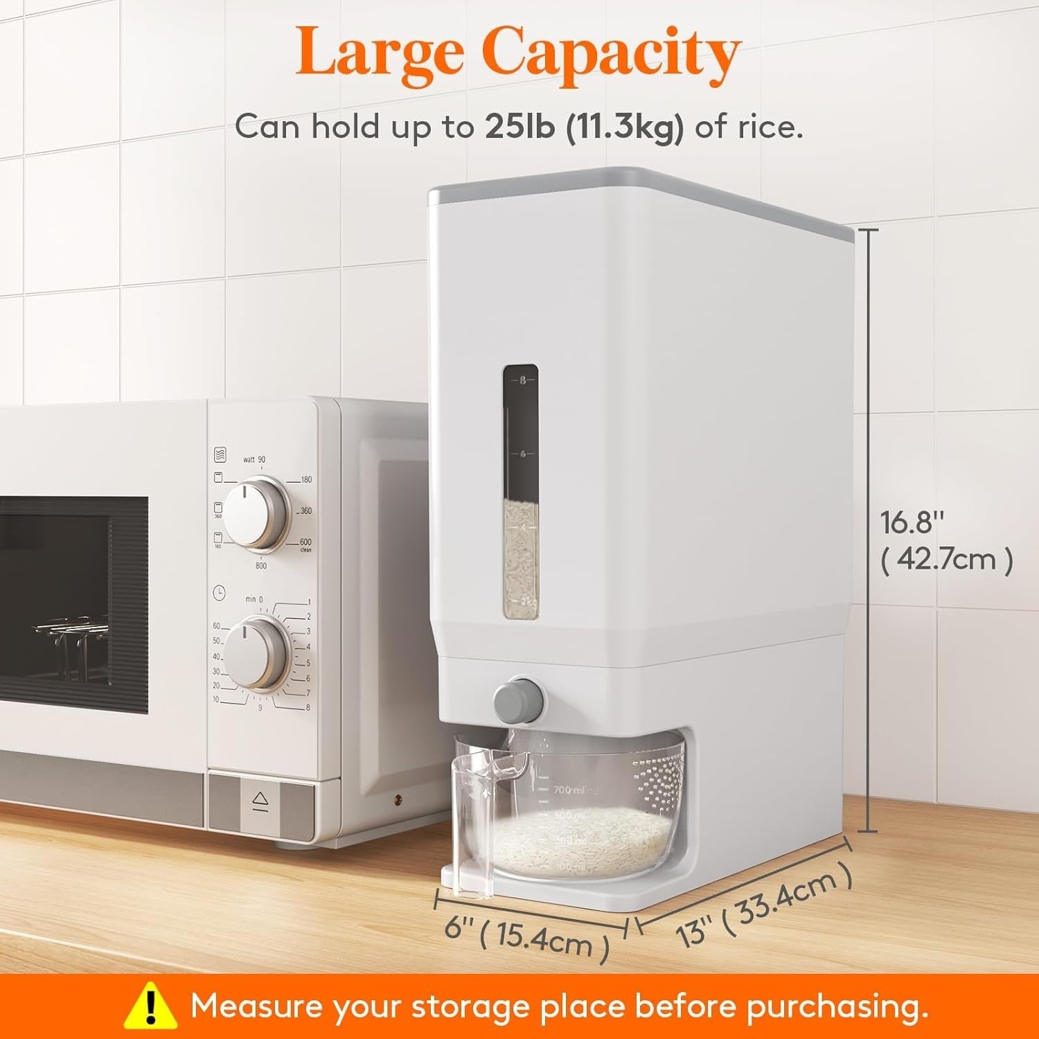 25.4lb Airtight Rice Storage Dispenser BPA Free w Measuring Cup