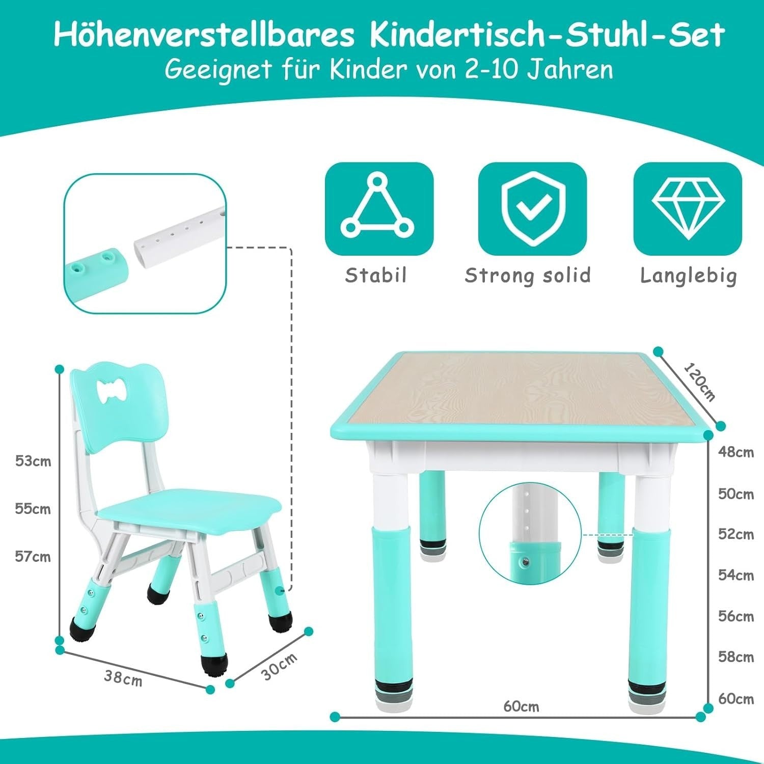 Adjustable Kids Table & 6 Chairs Set Durable Plastic Furniture Mint Green