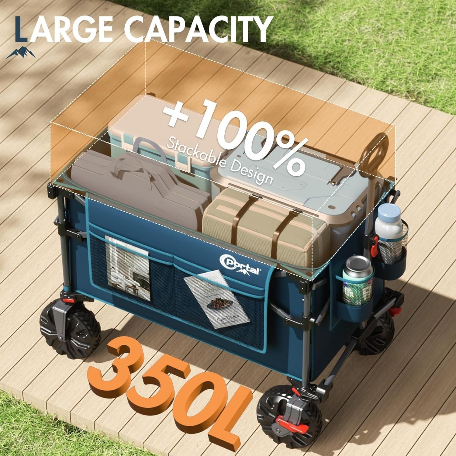 Blue 350L XXL Folding Beach Trolley Heavy Duty Wagon w/ Canopy & Tailgate