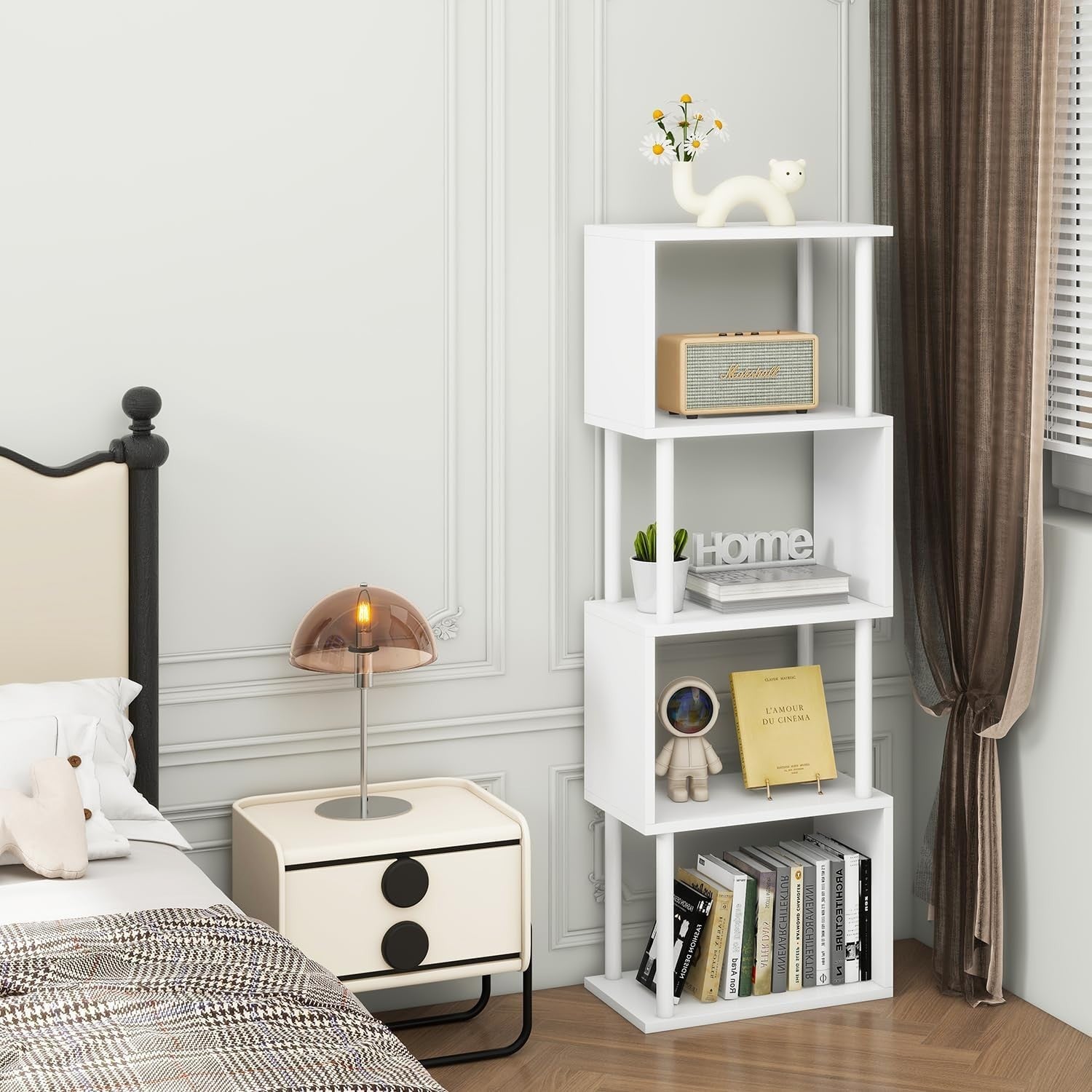 5 Tier S Shaped Bookcase White Modern Wood Display Storage Shelf 155cm