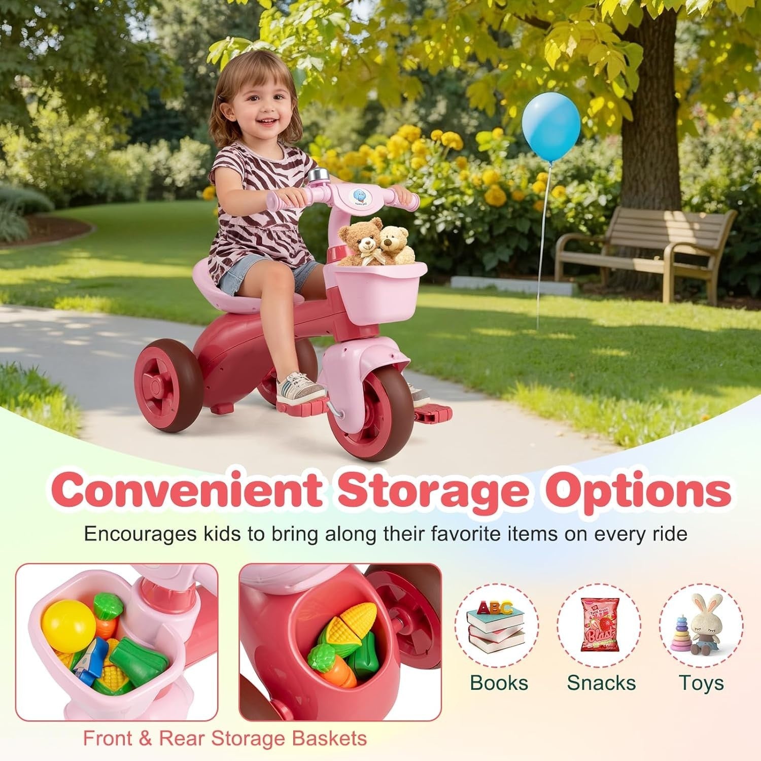Kids Tricycle 3 Wheel Toddler Trike Front Rear Basket Bike Age 3-5