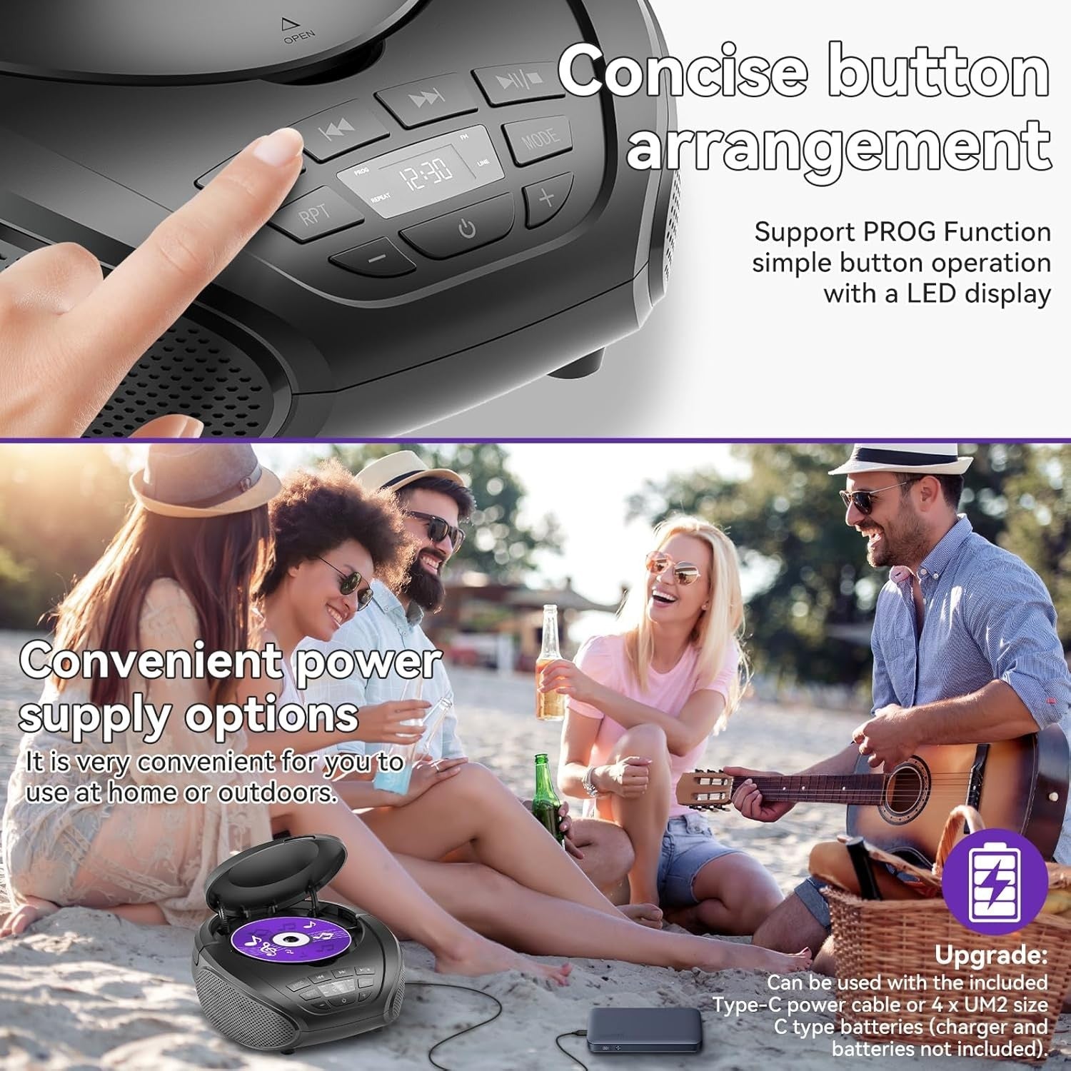 Portable CD Player Boombox Speakers FM Radio AUX Headphone Jack Black