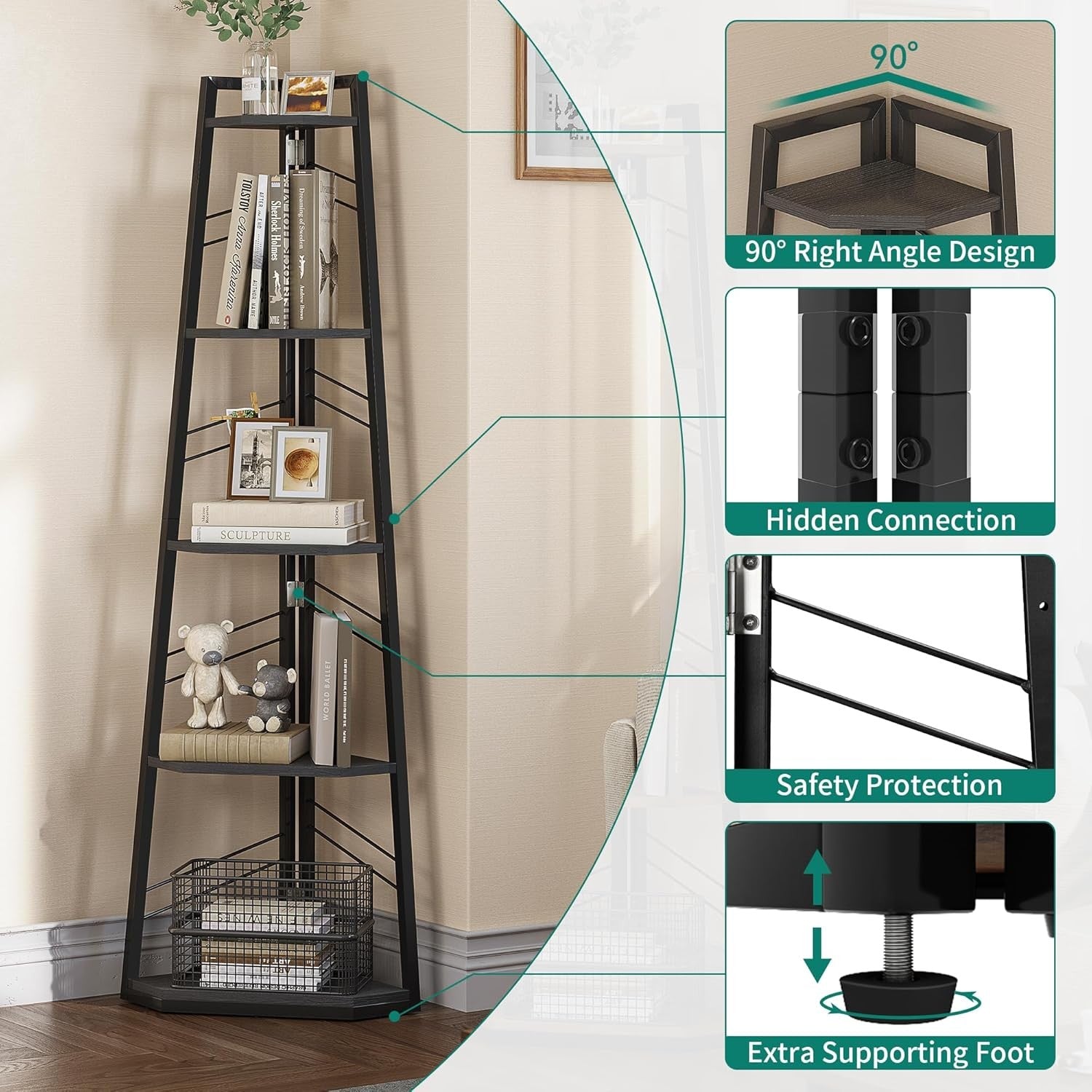 Tall 5-Tier Corner Ladder Shelf – Modern Space-Saving Display Unit for Home & Of