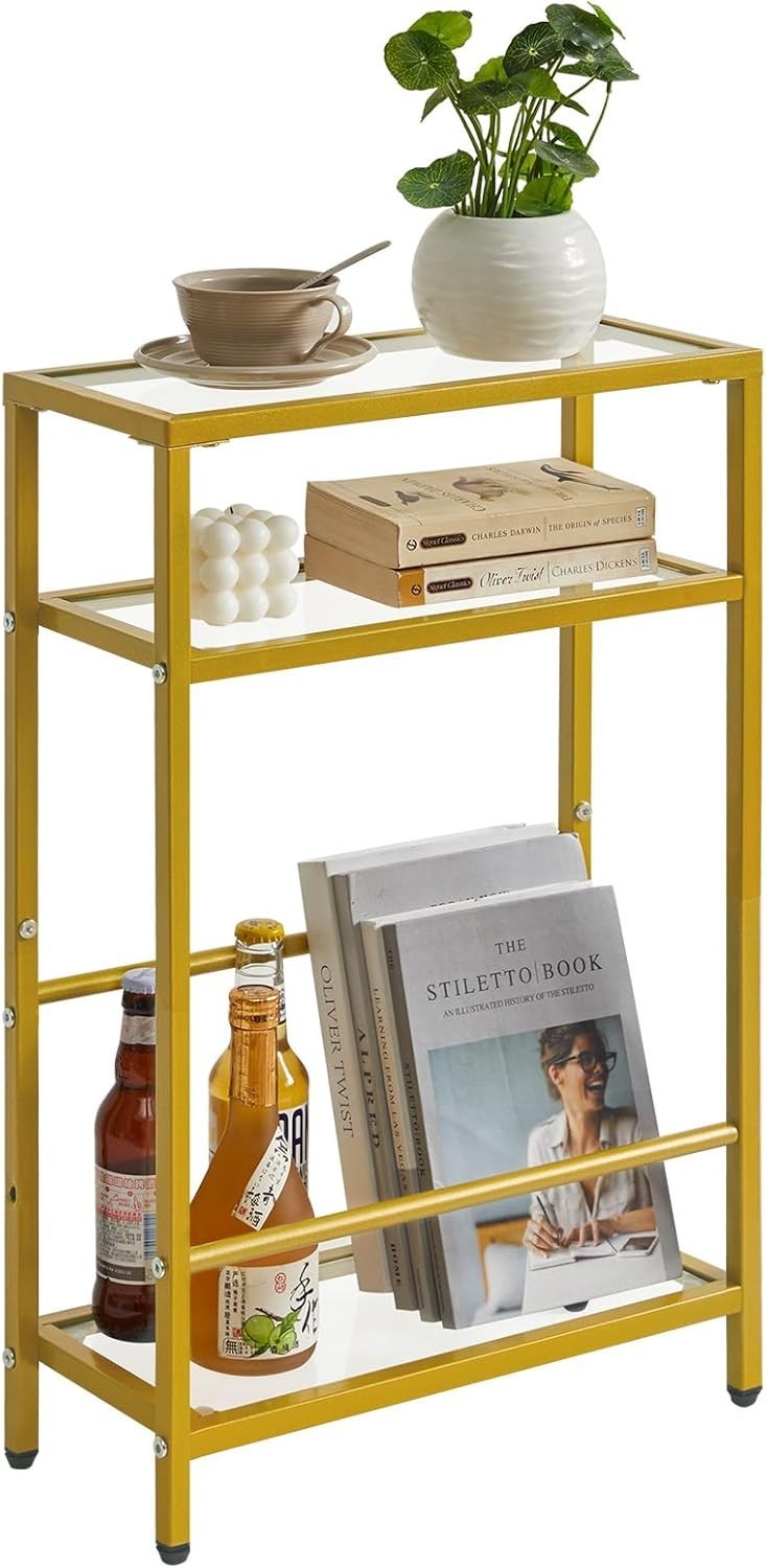Slim Glass Side Table Gold 3 Tier Narrow End Table with Storage for Sofa Bed