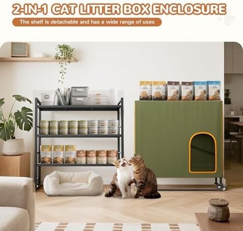 Hidden Cat Litter Box Cabinet with Wheels & Storage, Waterproof Green Enclosure