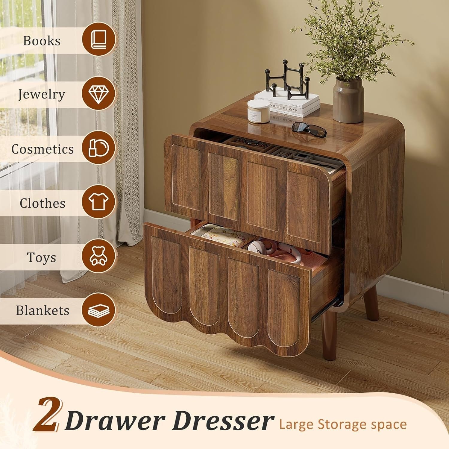 Luxury Walnut Bedside Table with 2 Drawers – Retro Wood Nightstand
