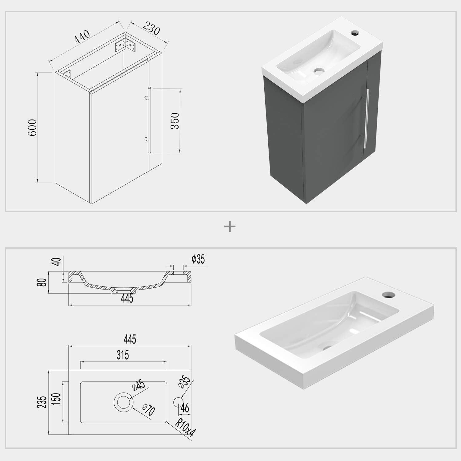 Grey Cloakroom Wall Hung Vanity Unit with Basin Compact Sink Storage Cabinet