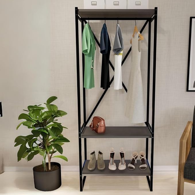 3-Tier Anthracite Wooden Coat Rack with Metal Frame & Shoe Storage Stand