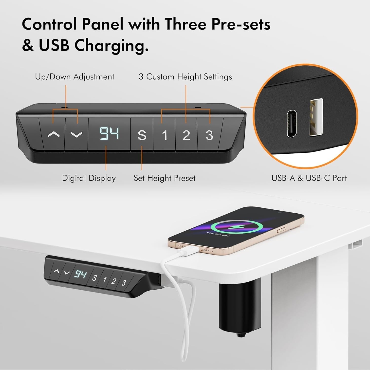 White 100x60cm Electric Standing Desk w/USB-C & Height Memory Control