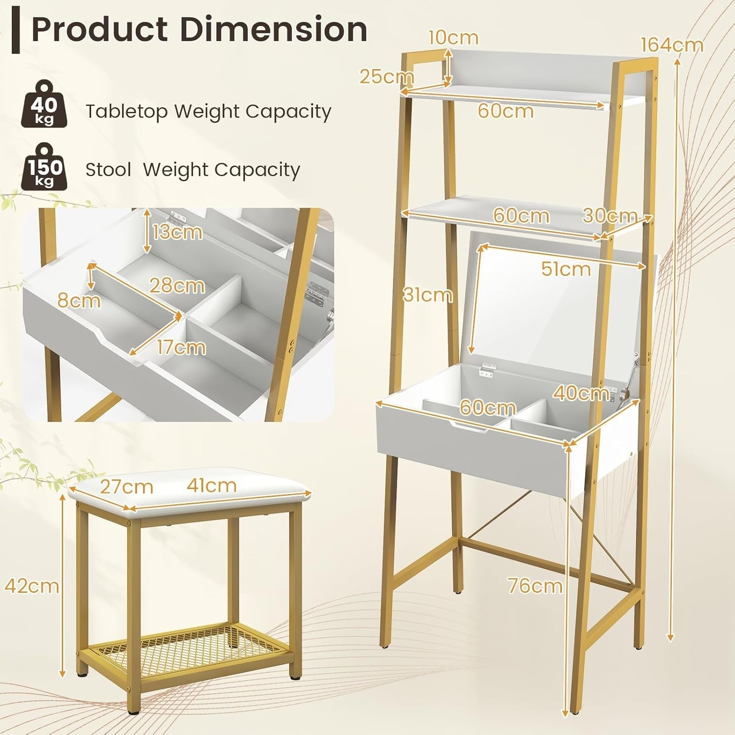2-in-1 Flip Top Vanity Makeup Dressing Table Desk & Stool Set Storage White Gold