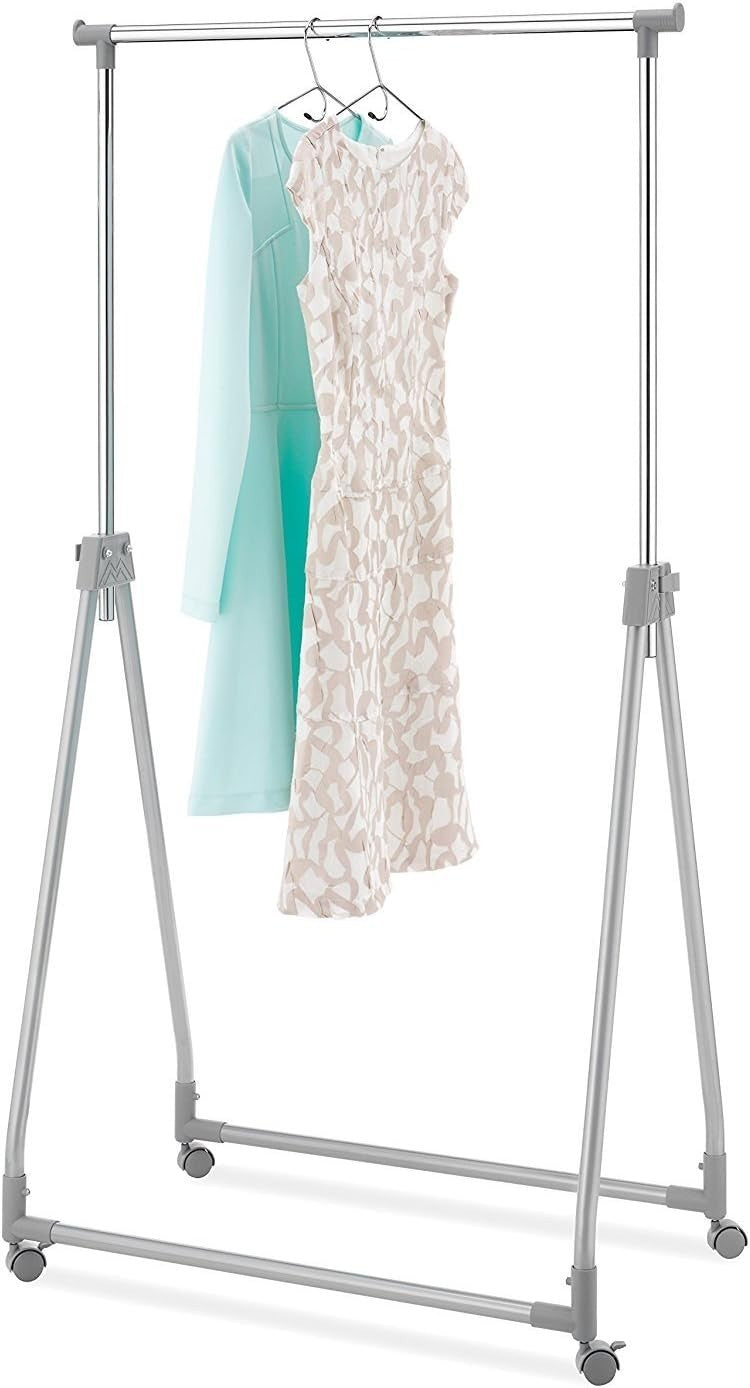 Silver Adjustable Foldable Rolling Clothes Garment Rack