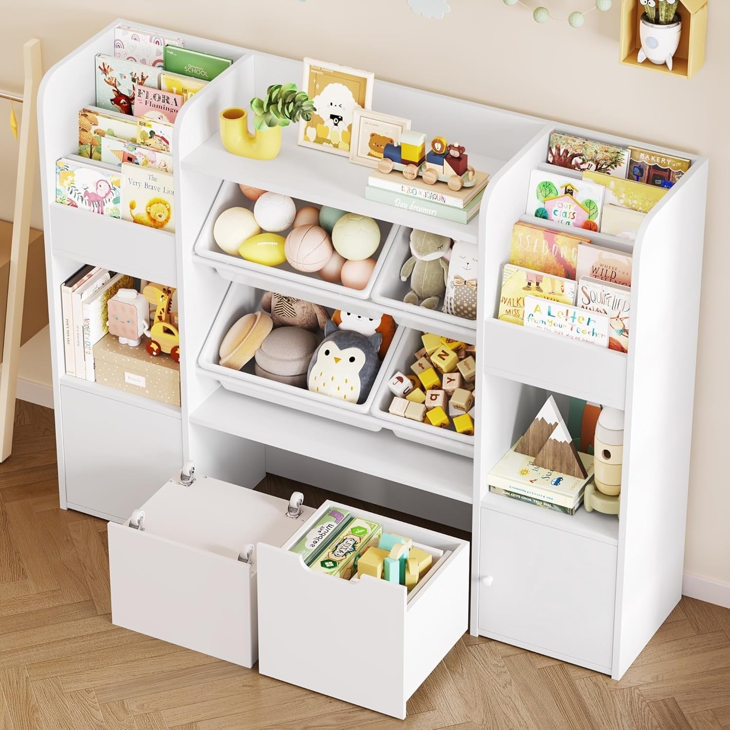 Kids Toy Storage Bookcase with Drawers & Boxes – 126cm 6-in-1 Organiser