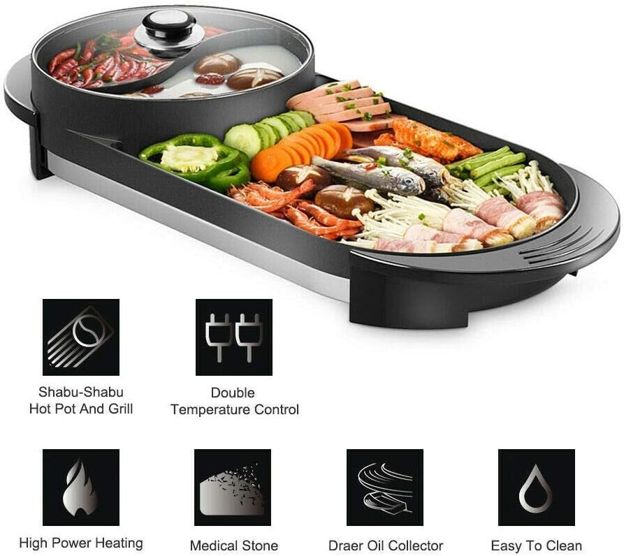 2 in 1 Electric Hot Pot & Grill Non-Stick Teppanyaki BBQ Pan Adjustable Heat