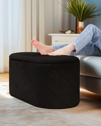 Black Oval Storage Ottoman Bench 3-in-1 Footrest Seat with Hidden Storage
