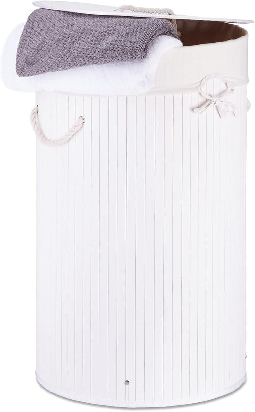 White Round Bamboo Laundry Basket 80L with Lid & Cotton Liner Foldable 65×41cm