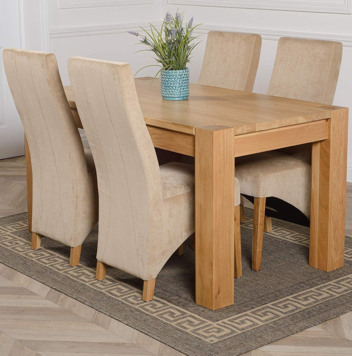 Oak Dining Table Set 4 Beige Fabric Chairs 150cm Solid Wood Modern