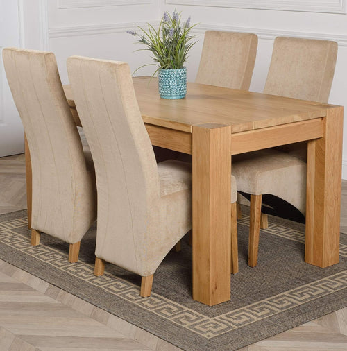 Oak Dining Table Set 4 Beige Fabric Chairs 150cm Solid Wood Modern