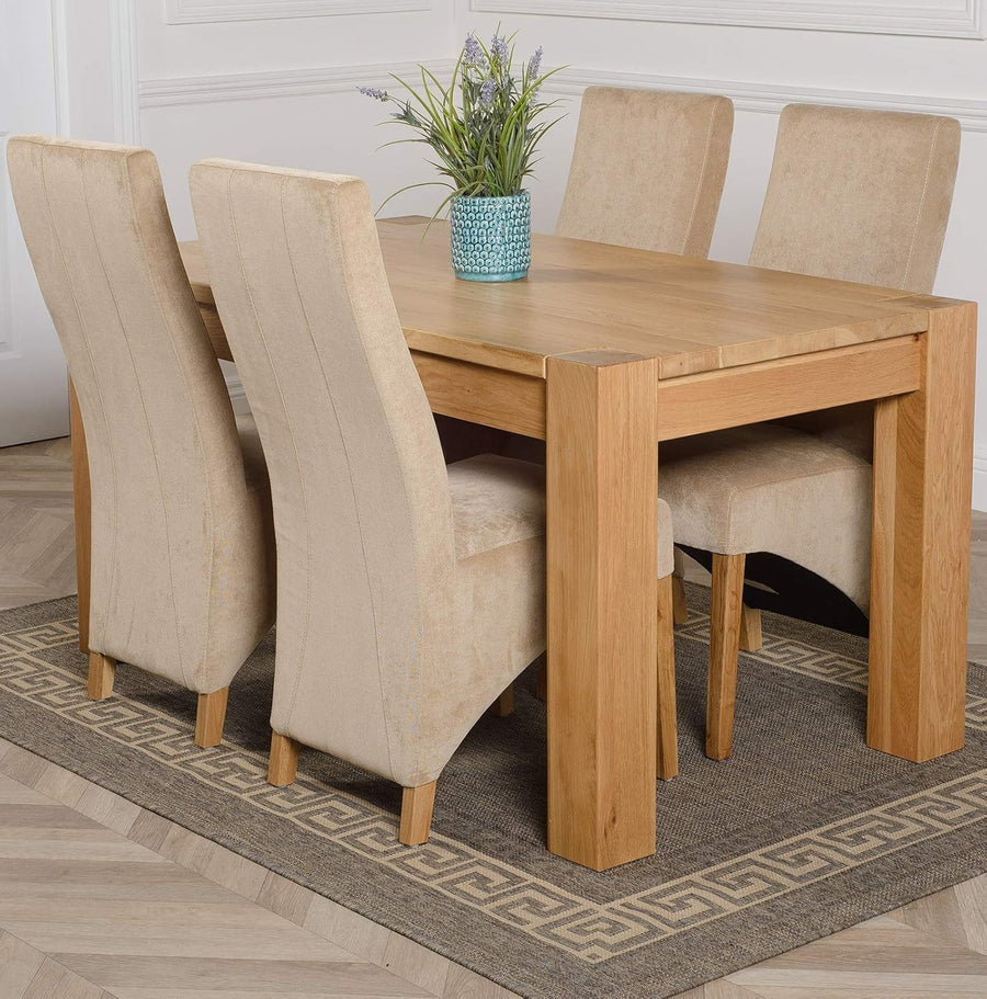 Oak Dining Table Set 4 Beige Fabric Chairs 150cm Solid Wood Modern