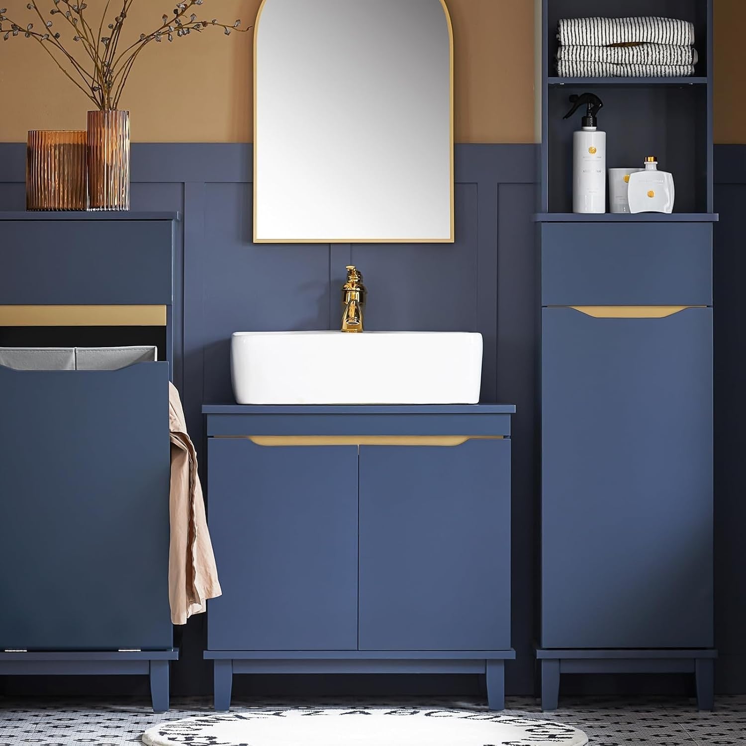 Navy Blue Under Sink Bathroom Cabinet – 2 Door Storage Unit for Small Spaces